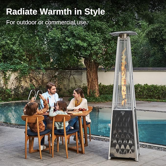 EAST OAK Pyramid Patio Heater, 48,000 BTU Outdoor Heater All Stainless Steel, Quartz Glass Tube Propane Heater for Commercial & Residential, Triple Protection System With Wheels, 2024