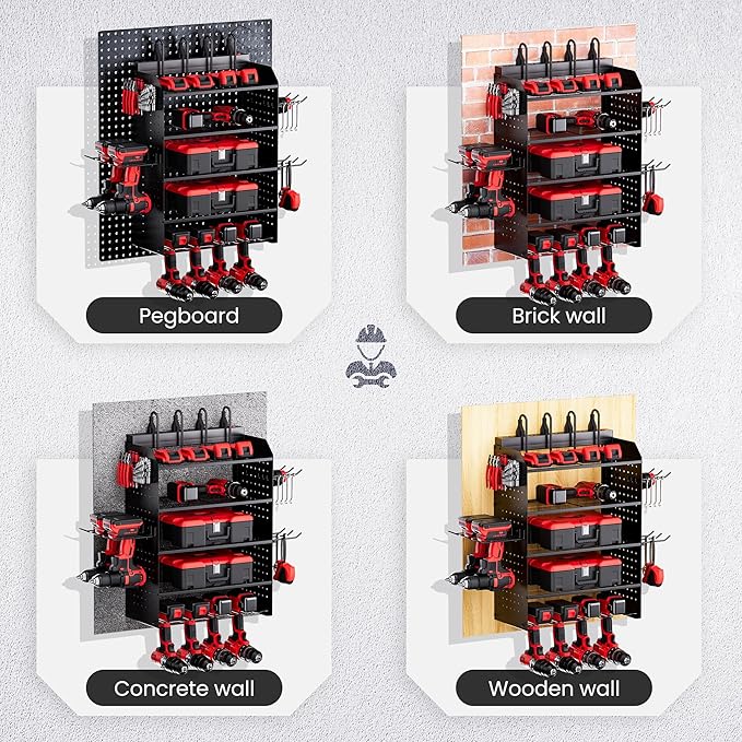 TRZZ Power Tool Organizer Wall Mount, 5-Layer Charging Station with 8 Outlets, 6 Drill Holders, 2 Side Pegboards, and Drill Bit Rack for Garage, Workbench, and Workshop (Black)