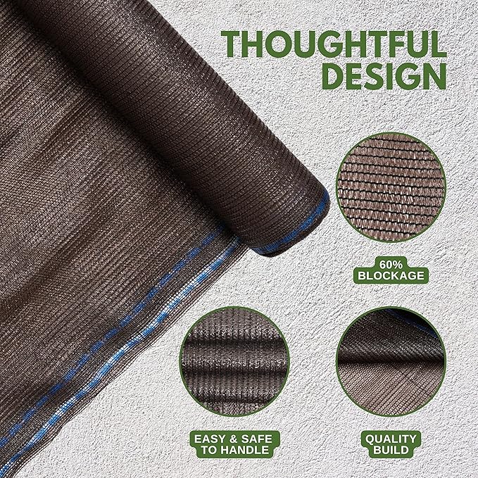 WindscreenSupplyCo] 60% 5'10'' x 100 FT Eyelets Shade Cloth Roll Sunblock Shade UV Resistant Net for Garden Greenhouse Flower Plant Patio Kennel, Brown - PS6160BRN